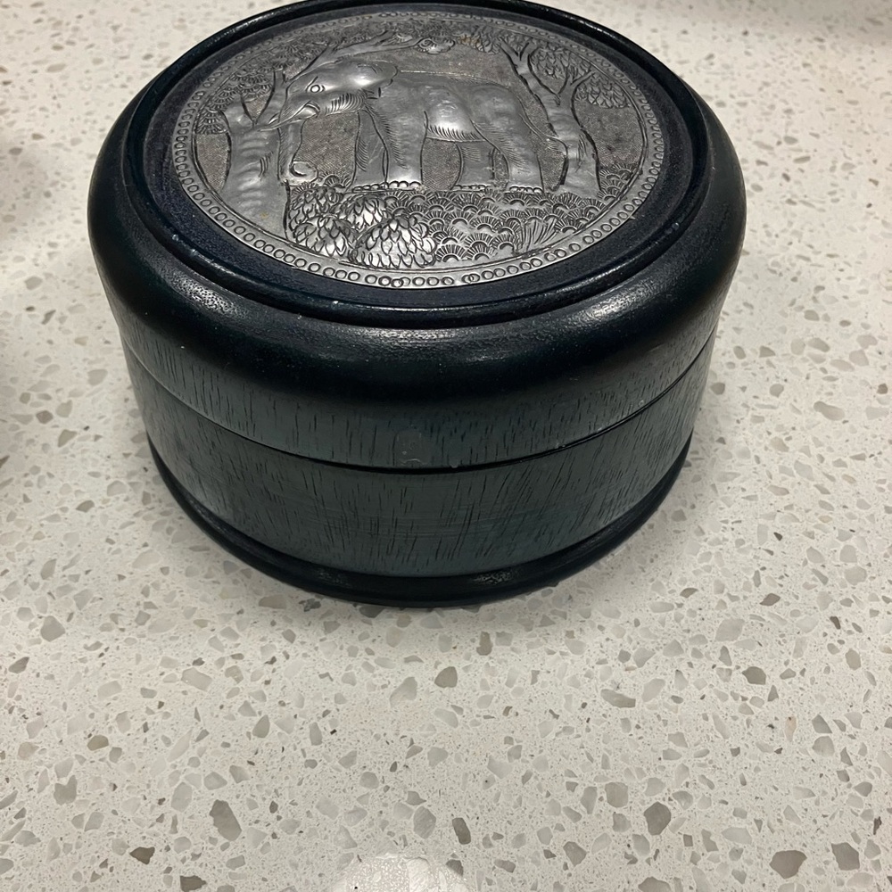 Black Round Decorative Wooden Box with metal Elephant Design